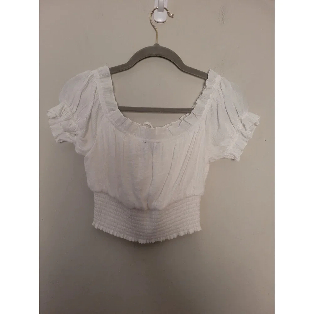 Majorelle White Cottagecore Smocked Crop Top Sz S Milkmaid Coquette Breathable - Picture 4 of 8